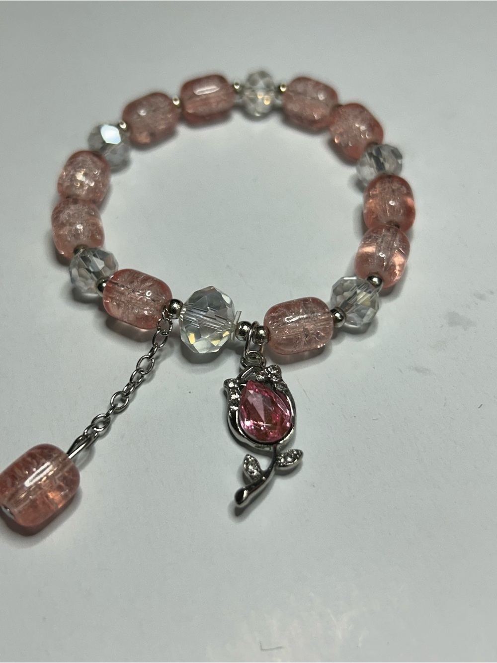 Pink Crystal Rose Charm Stretch Bracelet - Women Jewelry